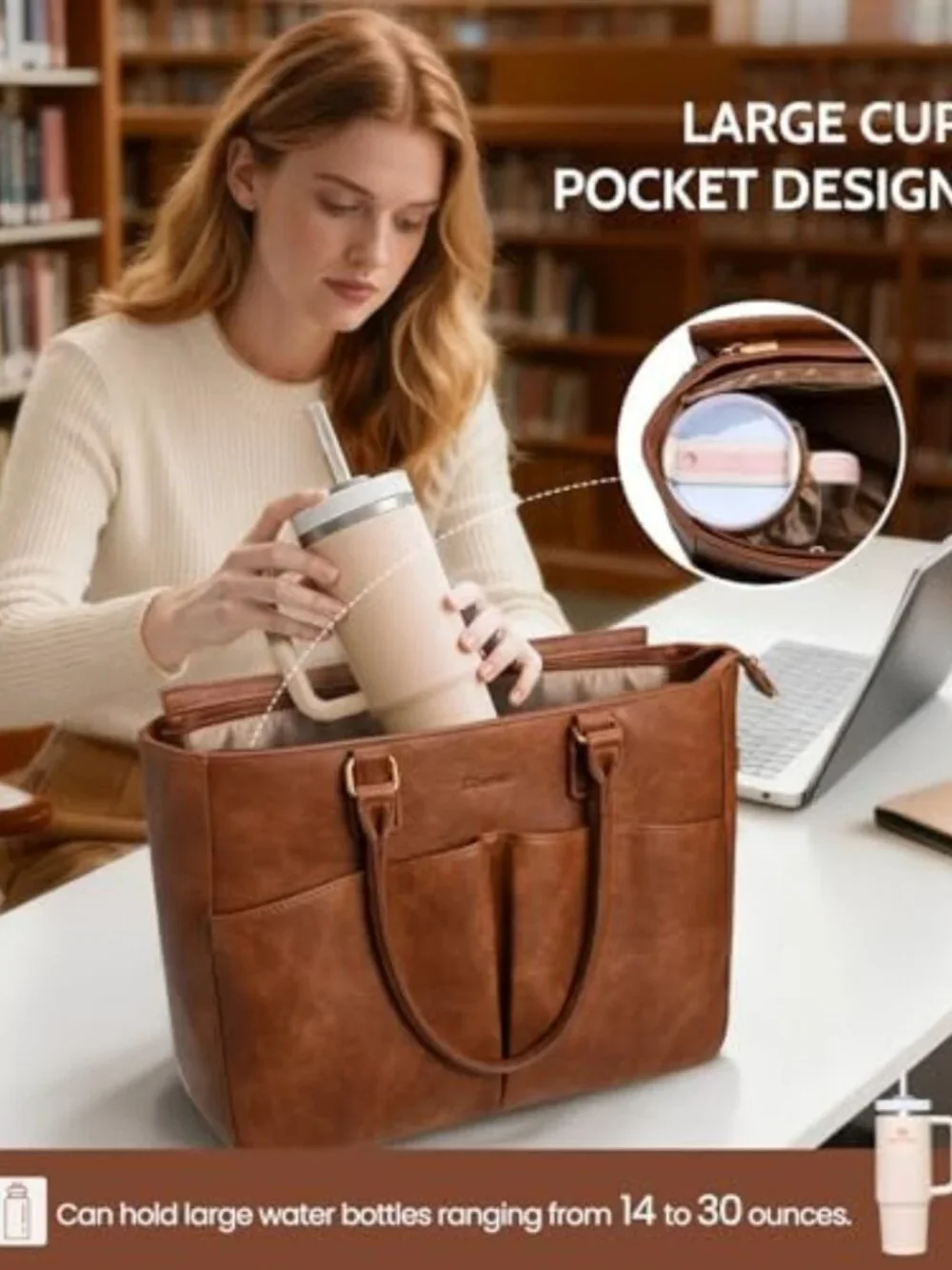 Stylish Leather Laptop Tote Bag for Women, Padded Compartment & Cup Holder